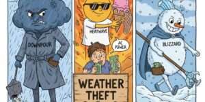 폭우, 폭염, 폭설이 사람들의 지갑을 훔쳐가는 모습을 만화체 이미지로 생성해줘, 이미지에 사용할 글자는 모두 영어로 해줘