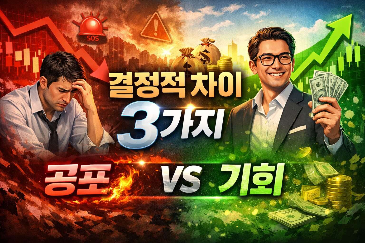 주식시장 하락과 상승, 파동 속에서 웃는 투자자와 우는 투자자